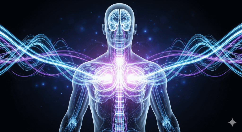 Digital illustration of Terahertz energy waves harmonizing with the human body’s cells for natural healing