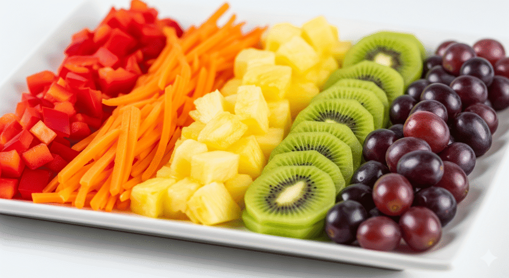 A vibrant display of colorful fruits and vegetables, arranged to form a rainbow. The image includes red bell peppers, orange carrots, yellow fruits, green cucumber slices, and purple grapes, symbolizing a variety of nutrients.