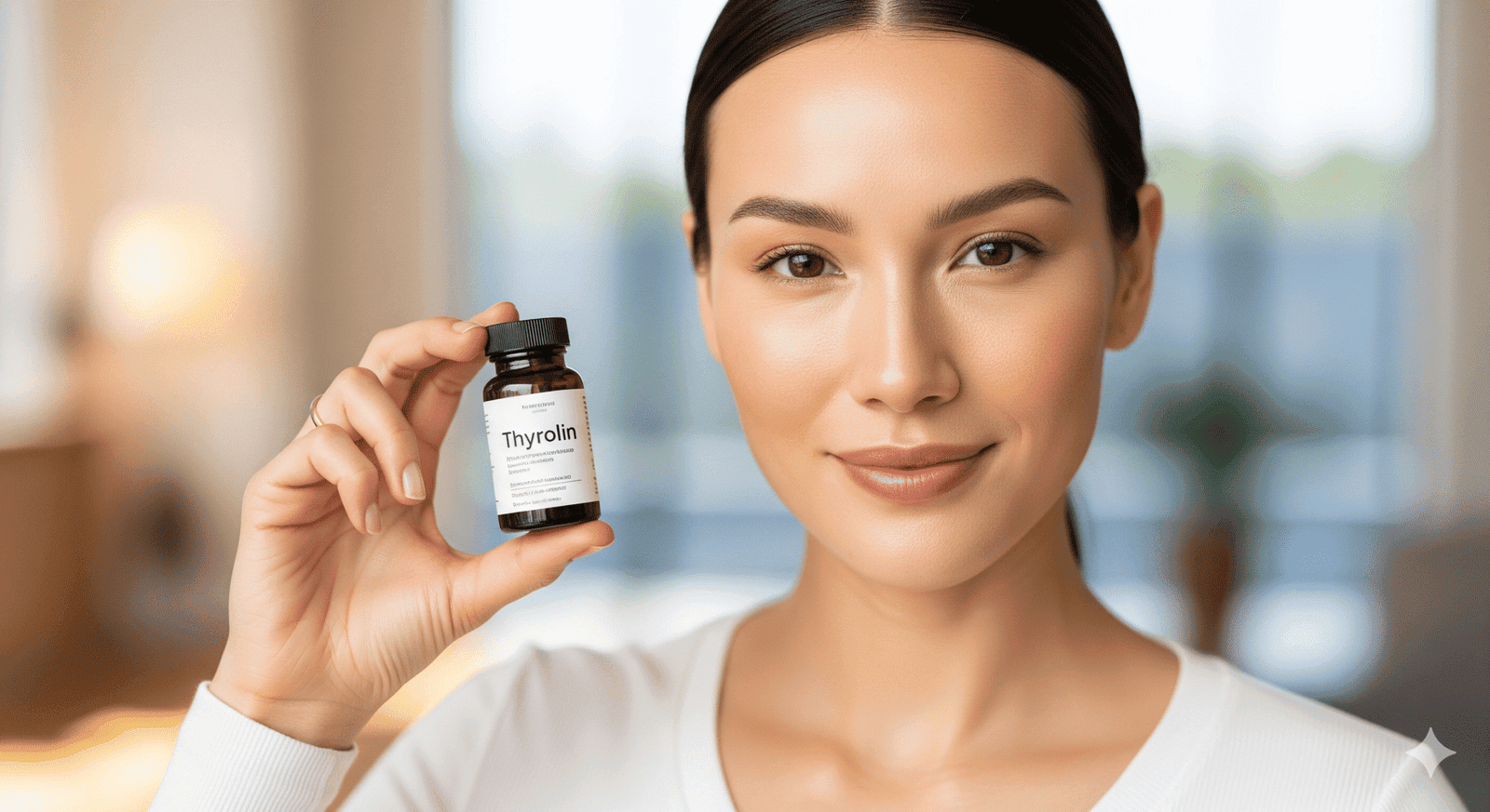 Person holding Thyrolin supplement for natural thyroid support and energy