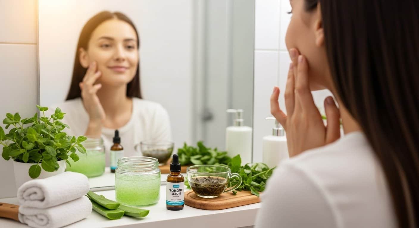 Young woman practicing natural acne treatment steps with glowing clear skin, representing a clear skin blueprint for healthy skin.