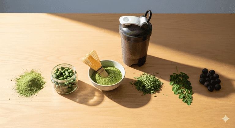 Flat lay of natural weight loss supplements including capsules, green tea, moringa, acai berries, and matcha powder arranged in a modern healthy lifestyle setting. here explain best weight loss supplements