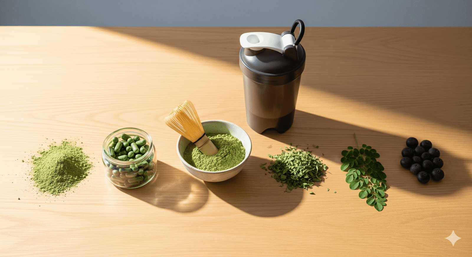 Flat lay of natural weight loss supplements including capsules, green tea, moringa, acai berries, and matcha powder arranged in a modern healthy lifestyle setting. here explain best weight loss supplements