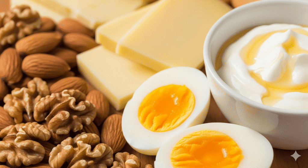 A close-up shot of the protein section of a snack board, showcasing a hard-boiled egg, various nuts like almonds and walnuts, and a small bowl of Greek yogurt.