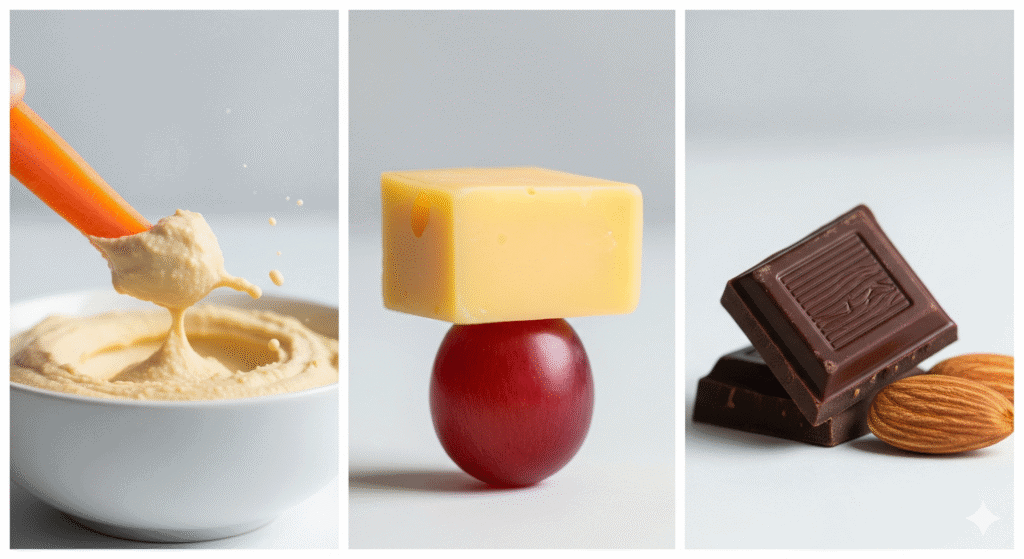 A multi-panel image illustrating different flavor and texture combinations. One panel shows a carrot stick with hummus, another shows cheese with grapes, and a third shows chocolate with nuts, highlighting the balance of the snack board.