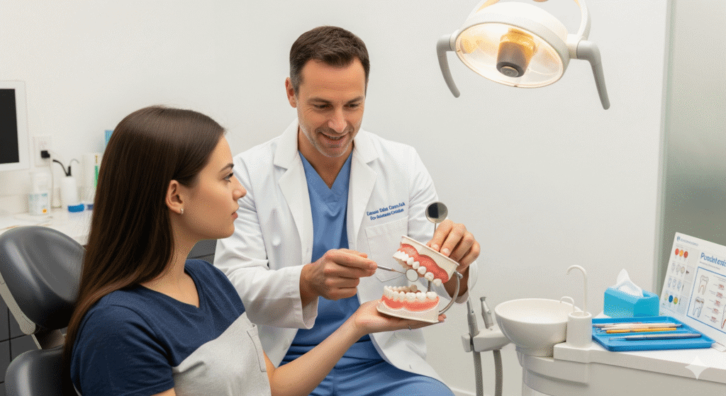 Dentist explaining oral health care to a patient – symbolizing professional support for stronger teeth and fresher breath.