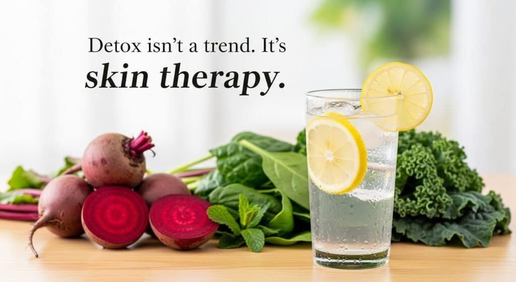 A refreshing glass of lemon water with fresh beets and leafy greens, promoting natural liver detox for glowing skin.