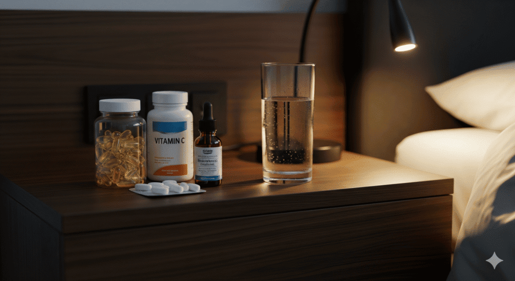 Bedside setup showing the best supplements for snoring and better sleep.