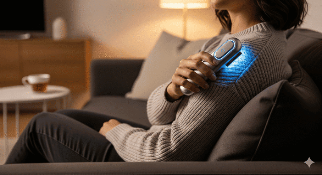 Person using a TeslaCare handheld Terahertz device at home – showcasing simple and safe daily wellness use.