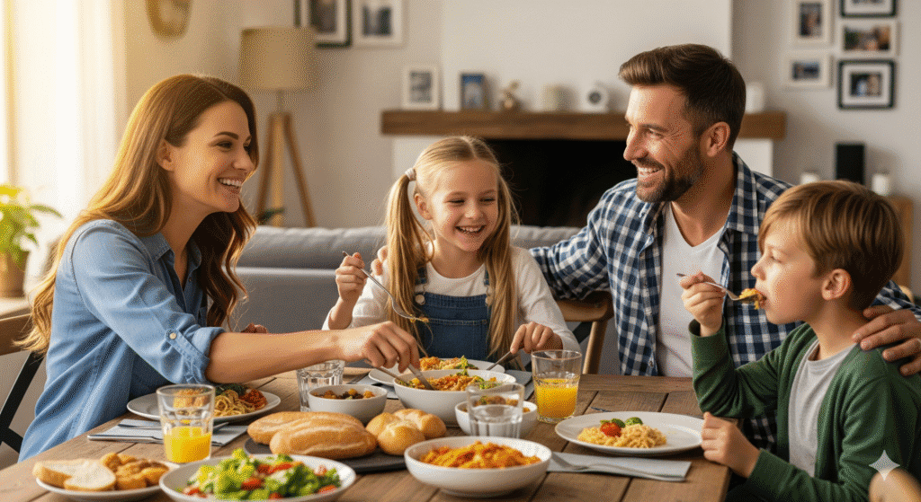 Family with bright smiles enjoying a healthy meal – symbolizing overall oral health benefits