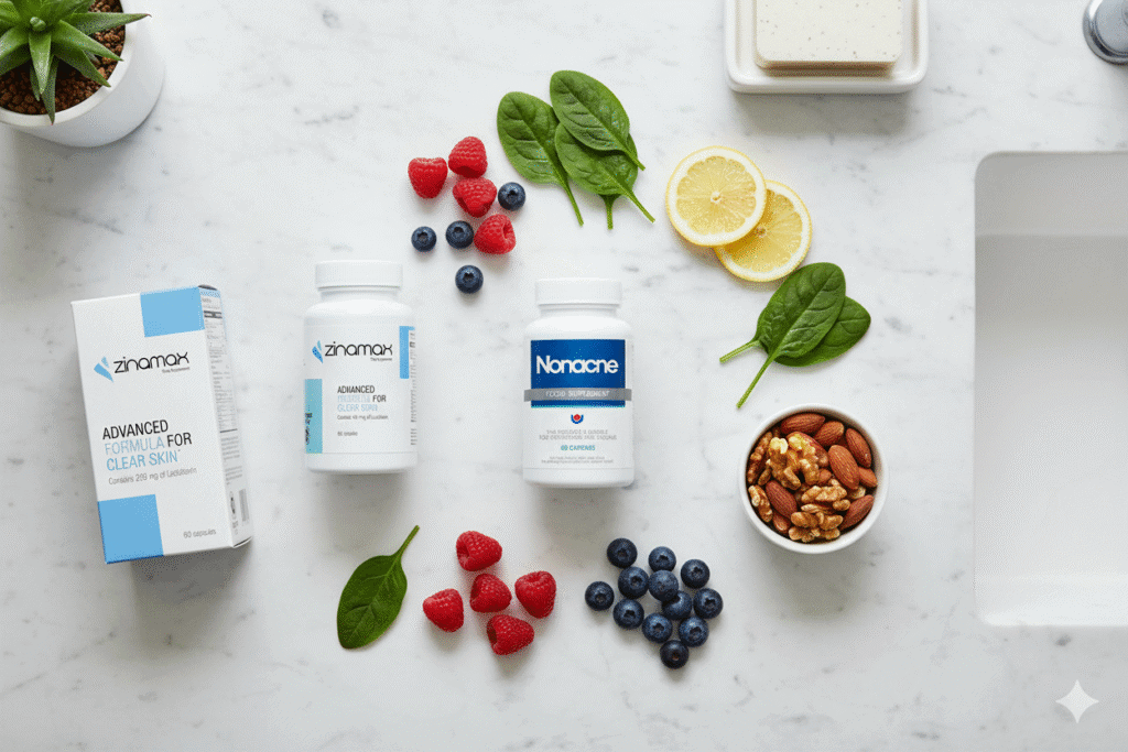 Zinamax and Nonacne acne supplements on a clean counter promoting clear skin