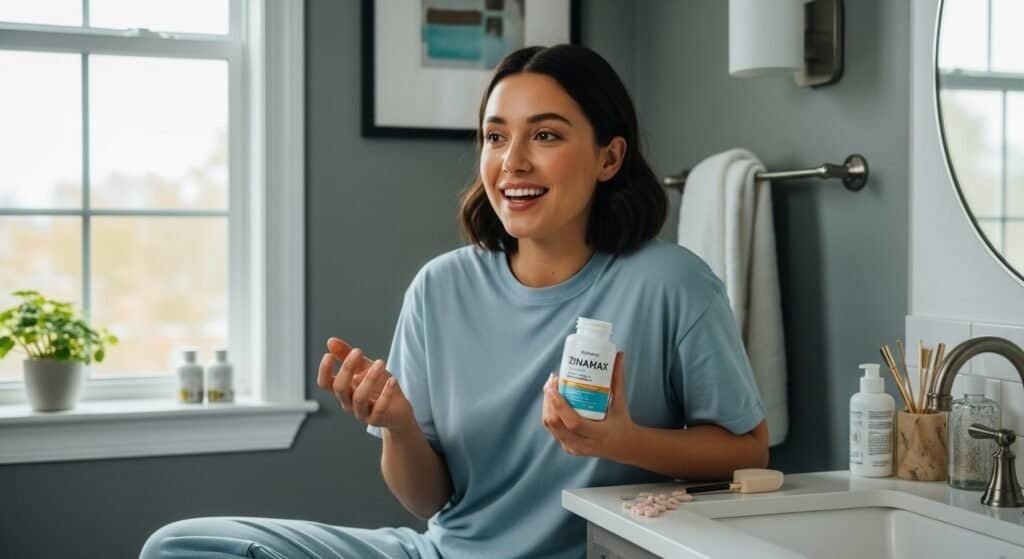 Natural acne supplement mockup with clean label design, promoting inside-out skin healing support.