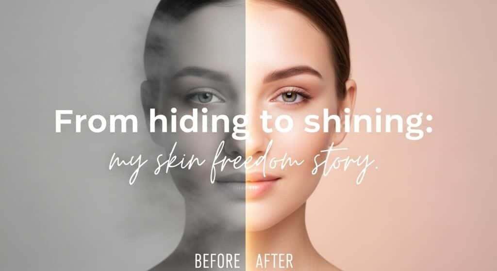 Before and after symbolic collage showing dull, inflamed skin transforming into bright, glowing complexion. these are all natural acne treatment.