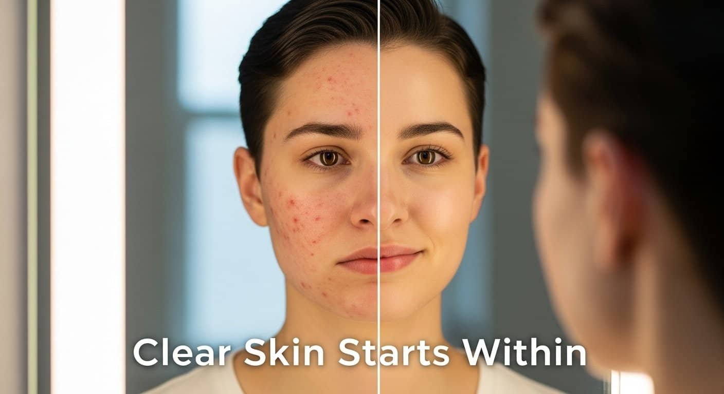 A young adult with half-acne, half-clear skin looking in the mirror, symbolizing transformation and inner healing for clear skin.
