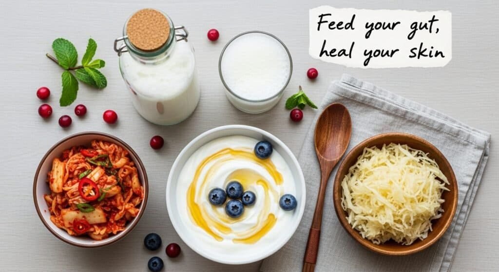 Probiotic-rich foods like yogurt, kimchi, and sauerkraut on a flat surface, representing gut health and clear skin connection.