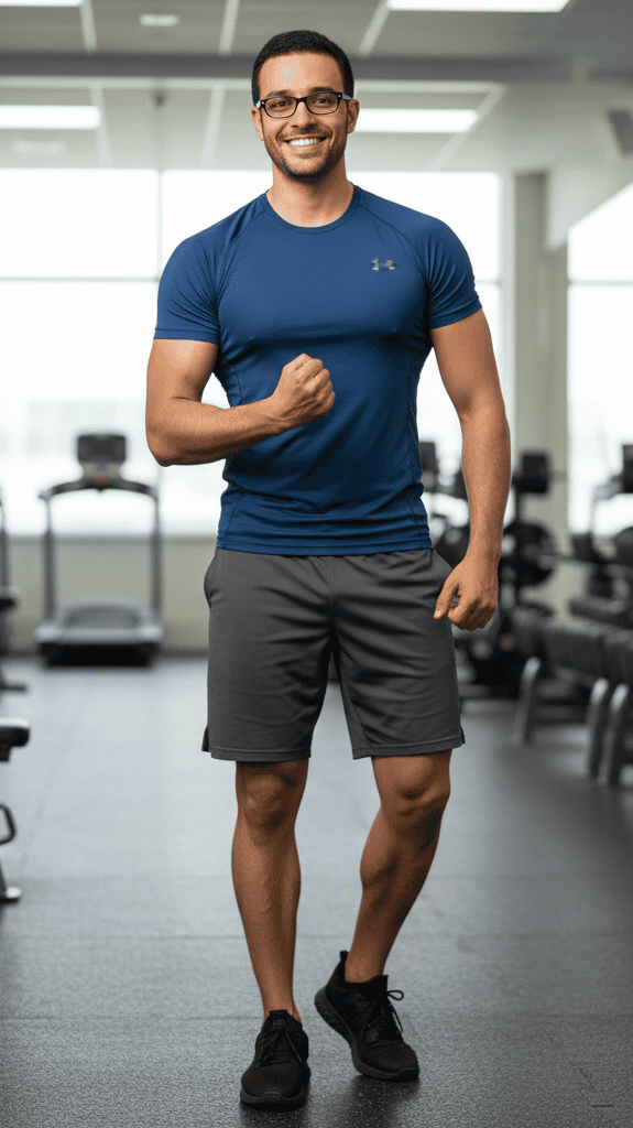 Full-body portrait of Michael K. Brown in athletic sportswear, standing in a gym environment, strong and healthy appearance.