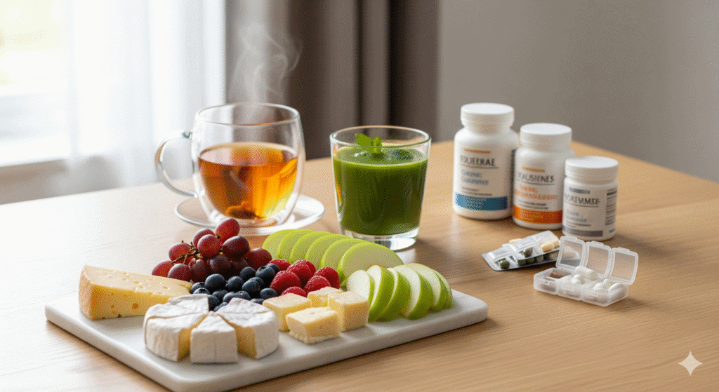 A health-boosting snack board next to a glass of herbal tea and a green smoothie, representing the mindful pairing of food and wellness-enhancing beverages.