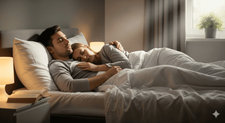 Couple enjoying restful sleep after reducing snoring naturally