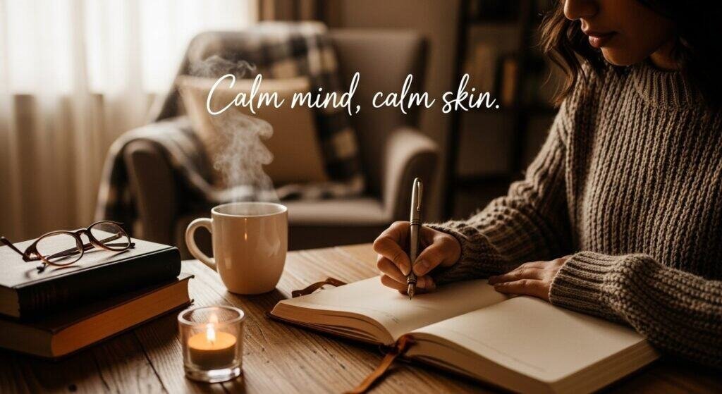 Person journaling with a cup of tea in a cozy setting, illustrating relaxation and reduced stress for clearer skin.