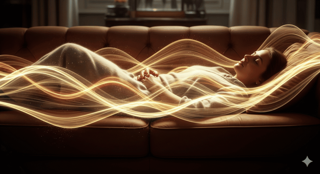 Soft glowing energy waves surrounding a relaxed figure lying on a sofa