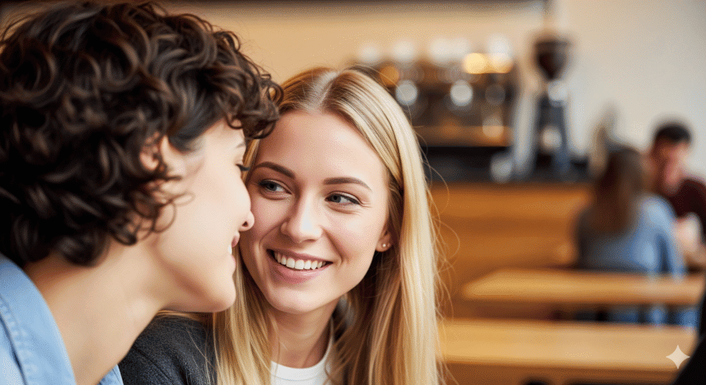 Two friends chatting up close with fresh confidence – symbolizing fresher breath support.