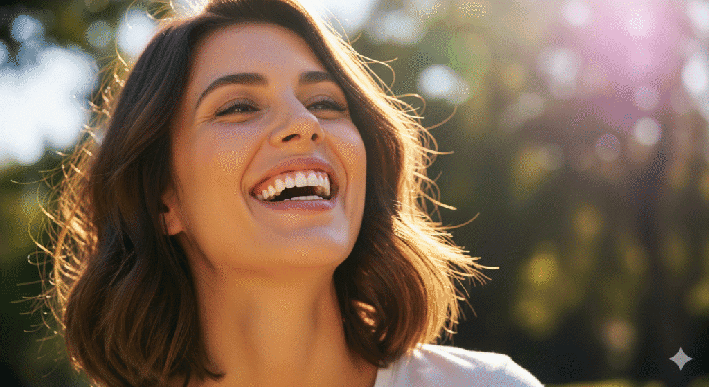 Young woman laughing outdoors with a bright white smile – symbolizing whitening benefits