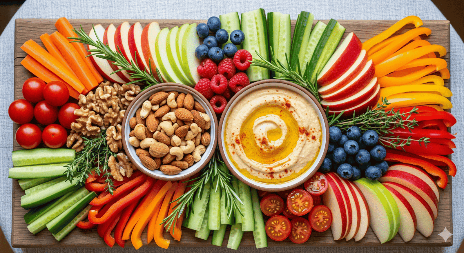 An overhead view of a diverse and visually appealing snack board. It features a colorful assortment of fresh berries, sliced vegetables, assorted nuts, cheese cubes, and a small bowl of hummus, all arranged on a wooden board.