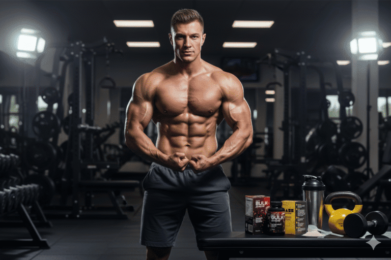 Muscular athlete showcasing strength in gym, with Bulk Extreme, Nutrigo Lab Strength, and Mass Extreme supplements prominently displayed, emphasizing muscle growth and fitness.