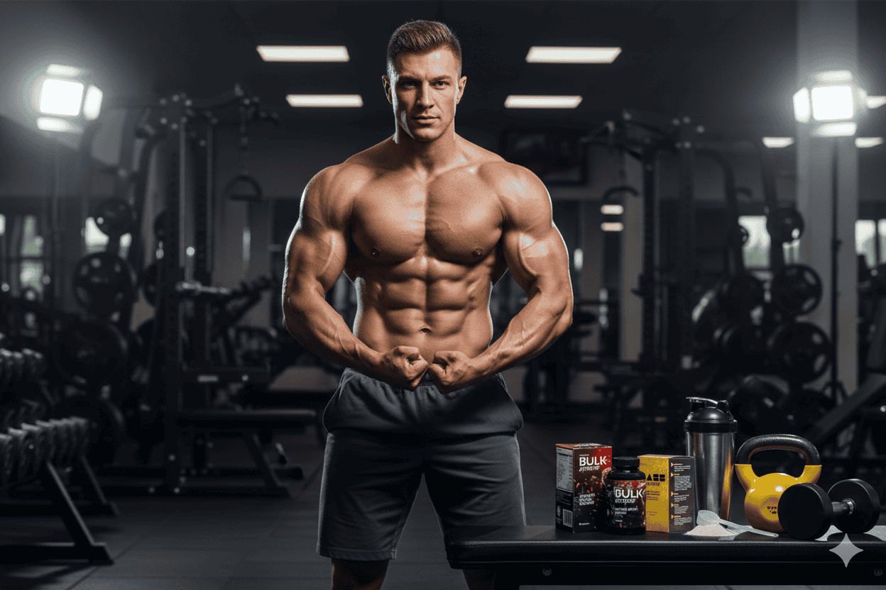 Muscular athlete showcasing strength in gym, with Bulk Extreme, Nutrigo Lab Strength, and Mass Extreme supplements prominently displayed, emphasizing muscle growth and fitness.