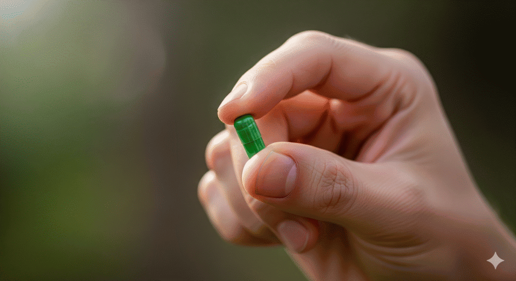 A person holding a single, herbal capsule for wellness boost bites, highlighting its compact and nutrient-dense nature.