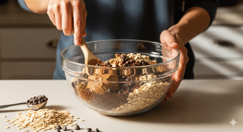 A pair of hands mixing ingredients in a bowl to create a simple, no-bake energy bite recipe.