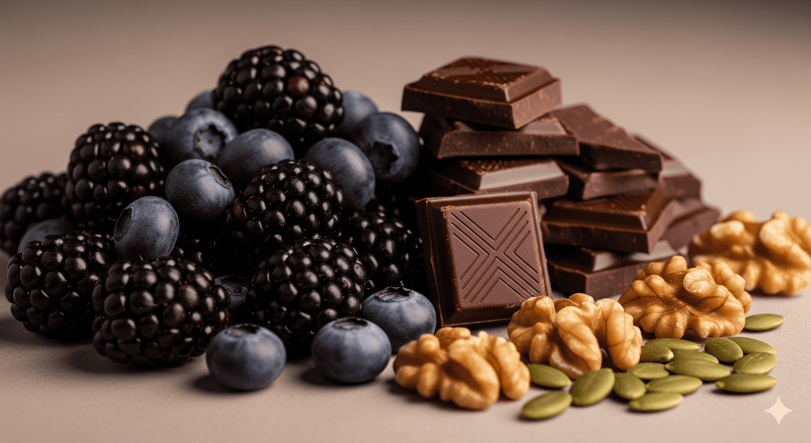 A collection of brain-boosting foods, including blueberries, walnuts, and dark chocolate squares, arranged to look both healthy and appetizing.
