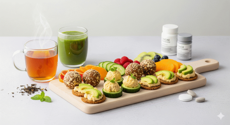 A clean, overhead shot of a snack board with energy bites, surrounded by fresh fruit, a glass of herbal tea, and supplement bottles.