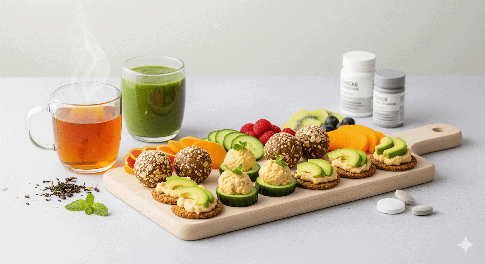 A clean, overhead shot of a snack board with energy bites, surrounded by fresh fruit, a glass of herbal tea, and supplement bottles.