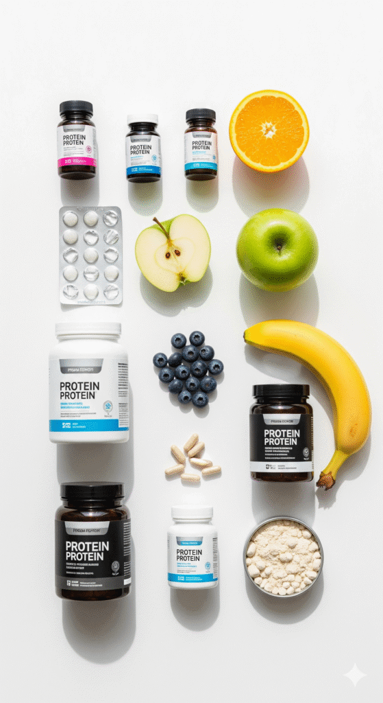 Top view of health supplements, protein powders, and fresh fruits on a white surface symbolizing nutrition and wellness.