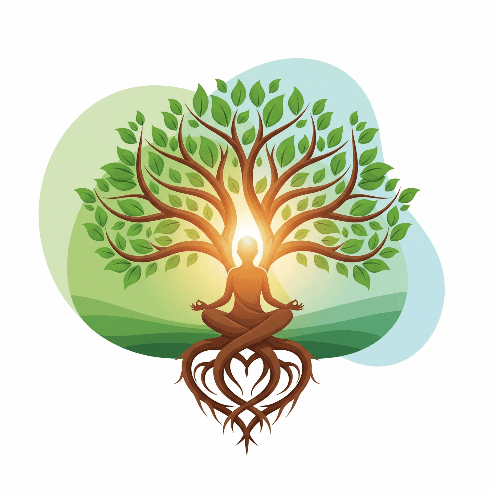 A conceptual logo illustration showcasing a healthy lifestyle, peace, and tranquility. The central element is a stylized tree with green leaves and brown roots that intertwine to form a heart shape. A person in a meditative pose is nestled within the branches, with a soft golden light glowing from behind them. The background is a serene blend of soft greens and blues.