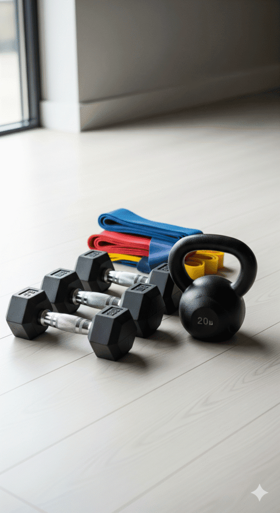 Gym equipment neatly arranged on a light floor, representing fitness and exercise