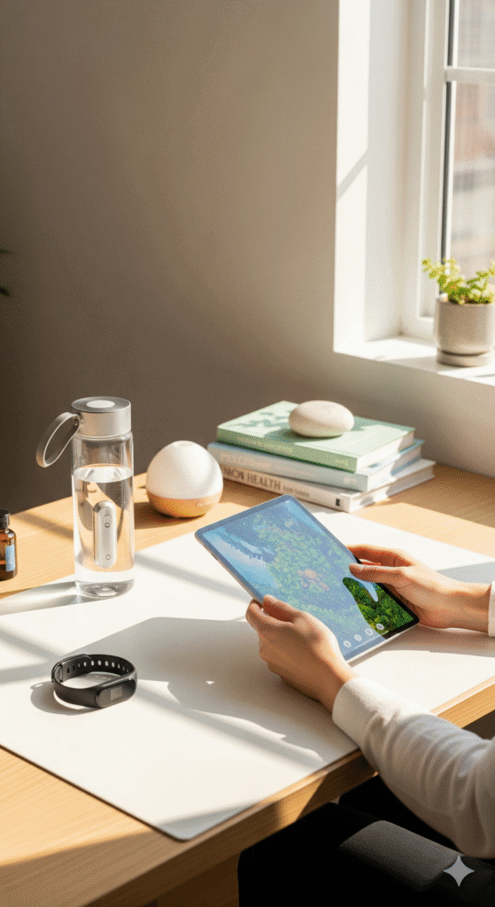 Modern workspace with wellness gadgets and a tablet, representing smart health and lifestyle choices.
