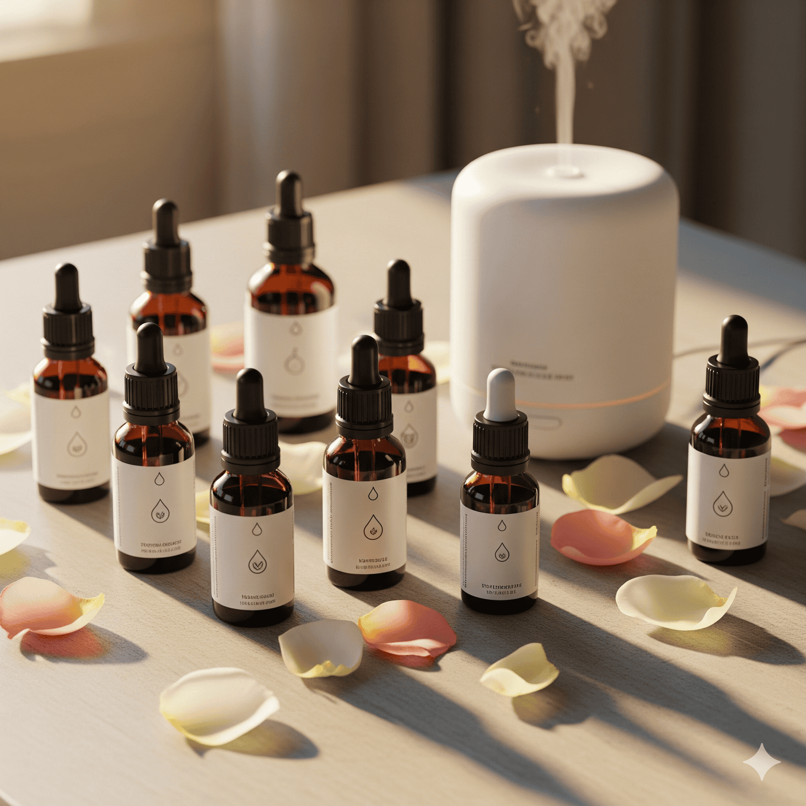 Essential oils and diffuser creating a luxurious and relaxing wellness atmosphere