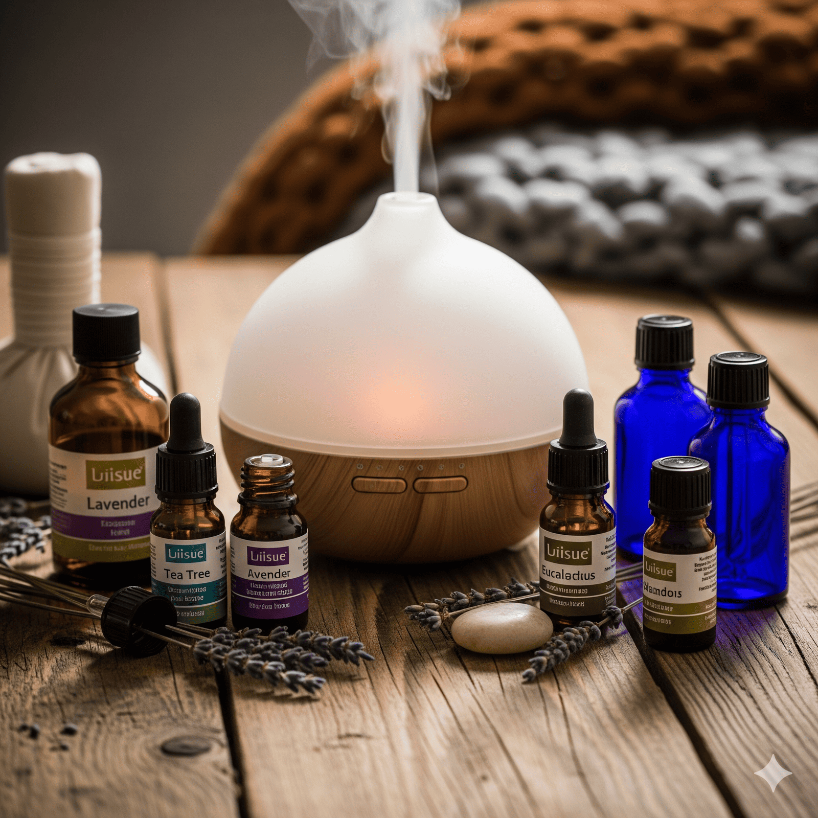 Essential oils and diffuser creating a relaxing wellness atmosphere.