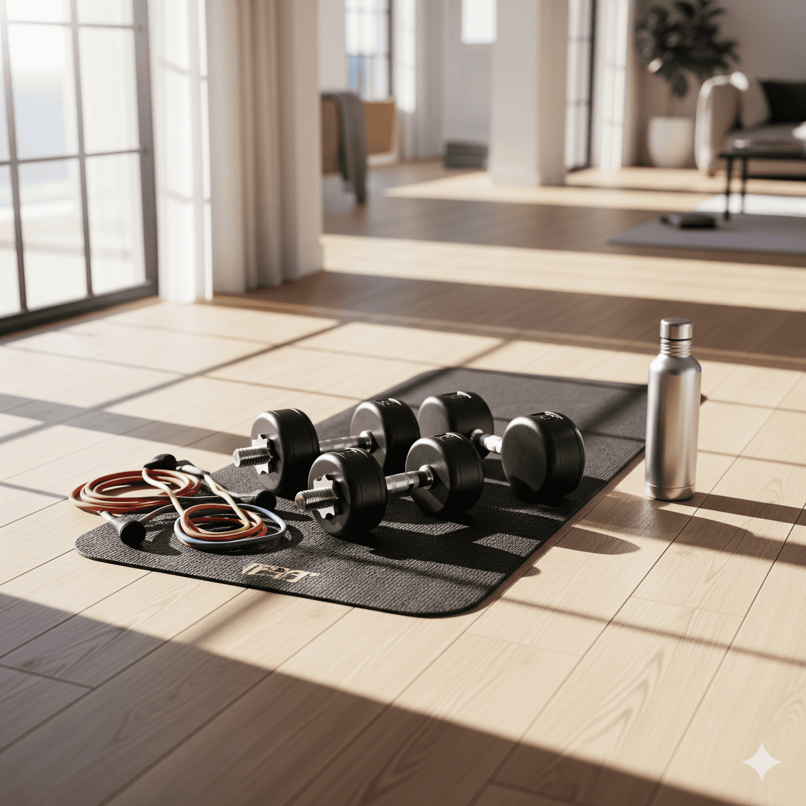 Premium home fitness gear including dumbbells, yoga mat, and resistance bands.