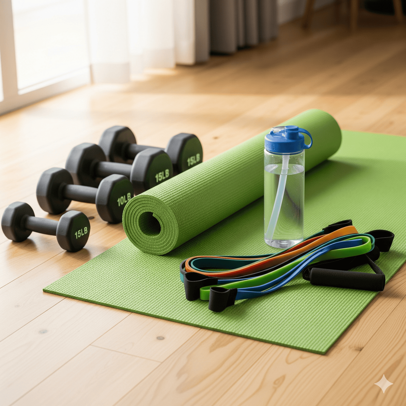 Home fitness gear including dumbbells, resistance bands, and yoga mat.