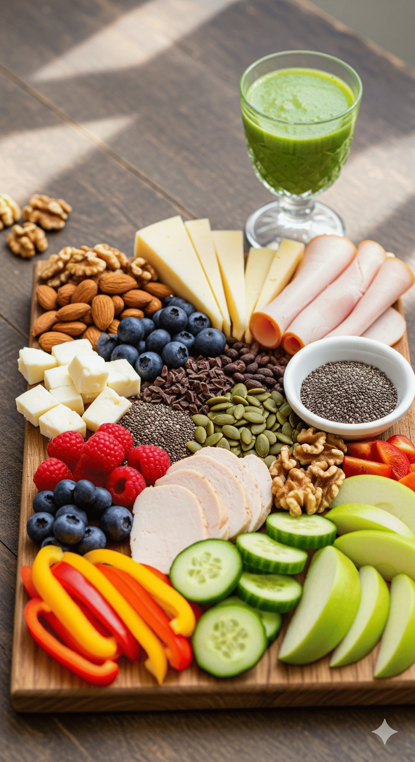 A vibrant health-boosting snack board with nuts, cheese, lean meats, berries, seeds, and colorful vegetables, accompanied by a smoothie and herbal tea, showcasing a balanced, nutritious, and wellness-focused snack setup.
