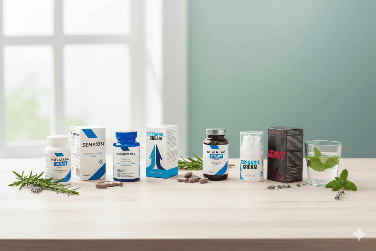 Flat lay of six male enhancement supplements with a glass of water and fresh herbs, representing natural vitality and sexual health