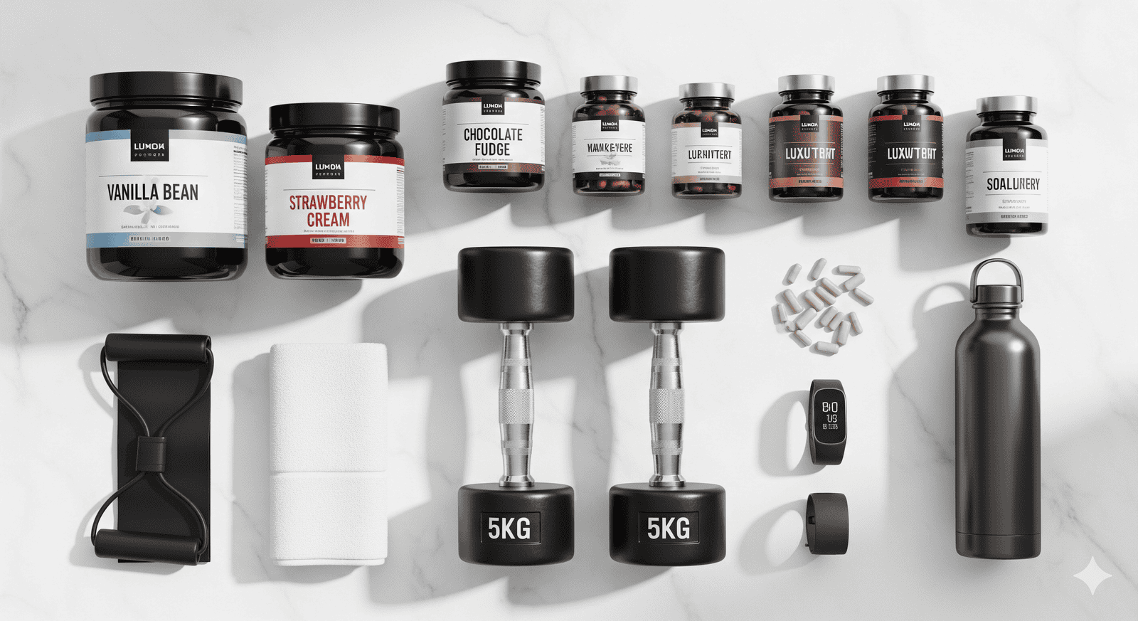 Premium health and fitness flat lay with protein powders, supplements, dumbbells, and fitness accessories on a white marble background, high-end lifestyle and wellness setup