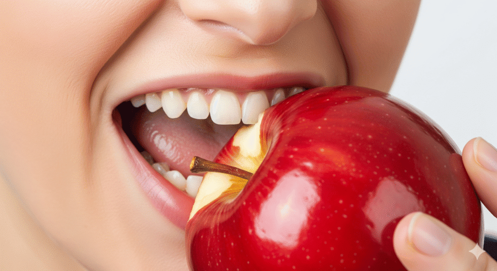 Person biting into an apple confidently – representing stronger gums and healthy teeth.