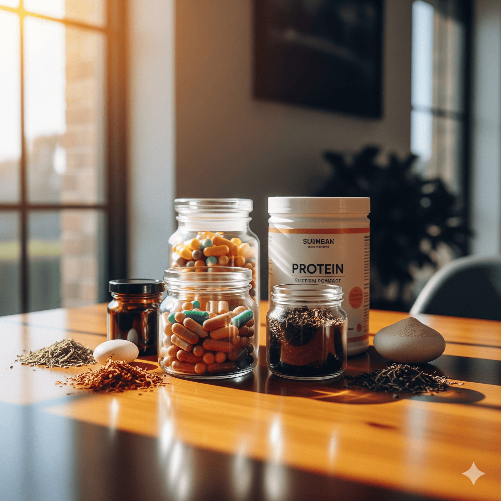 Premium health supplements including capsules and powders on a sunlit wooden table.