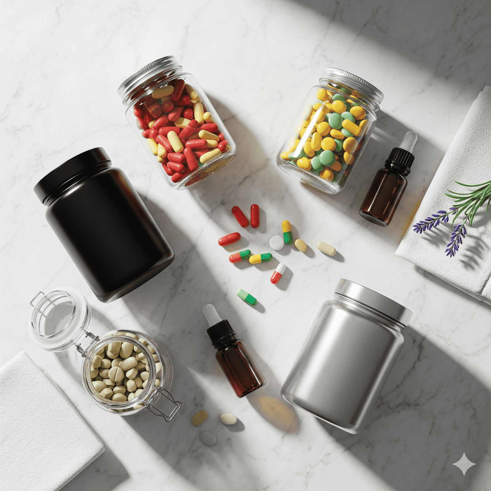 Premium vitamins and supplements arranged elegantly on a marble countertop with natural lighting.