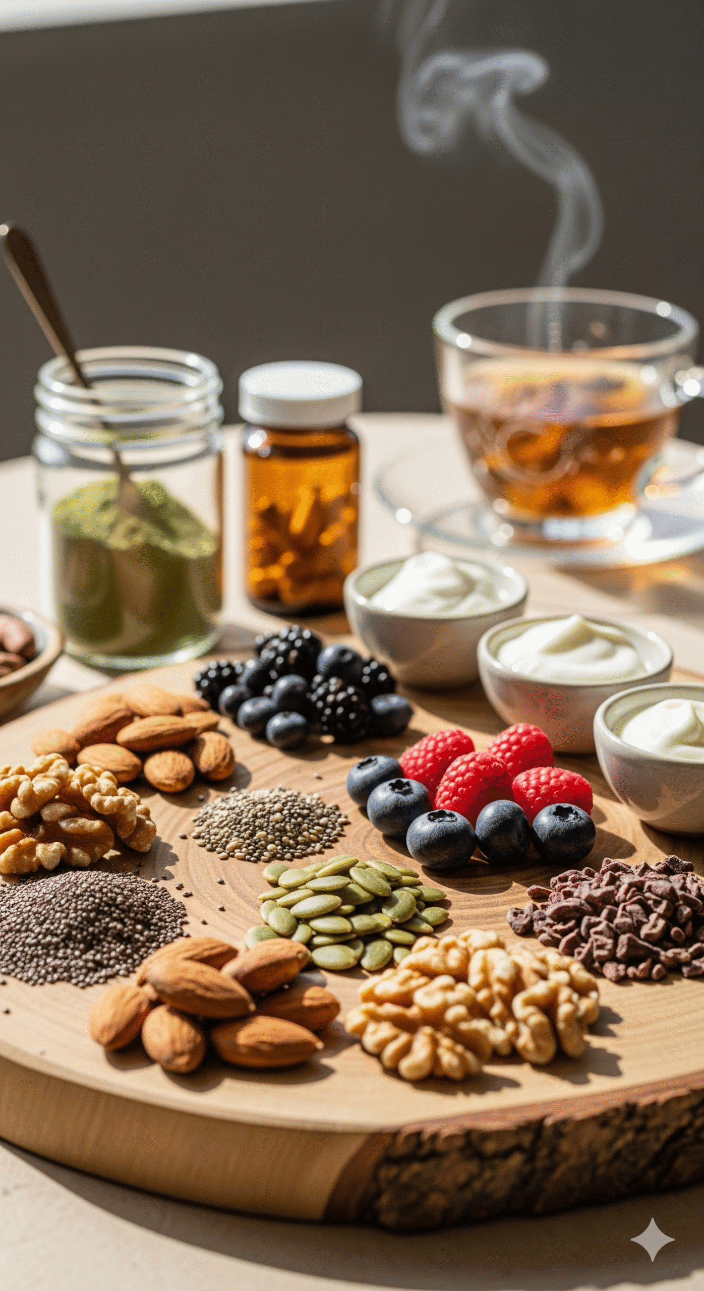 A vibrant wellness snack board featuring protein-rich nuts, seeds, antioxidant berries, cacao nibs, and yogurt bites, with herbal tea and natural supplements in the background, promoting holistic health and balanced nutrition.