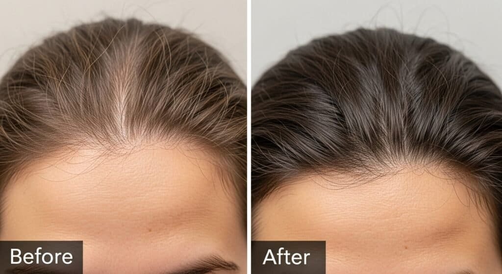 Before and after photo showing improved hair growth after following natural hair care steps.