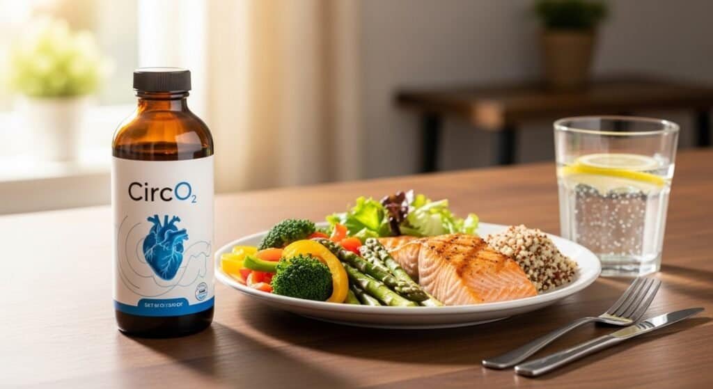 A bottle of CircO2 nitric oxide booster placed next to a heart-healthy meal, supporting cholesterol management and cardiovascular health, its helps natural ways to lower cholesterol